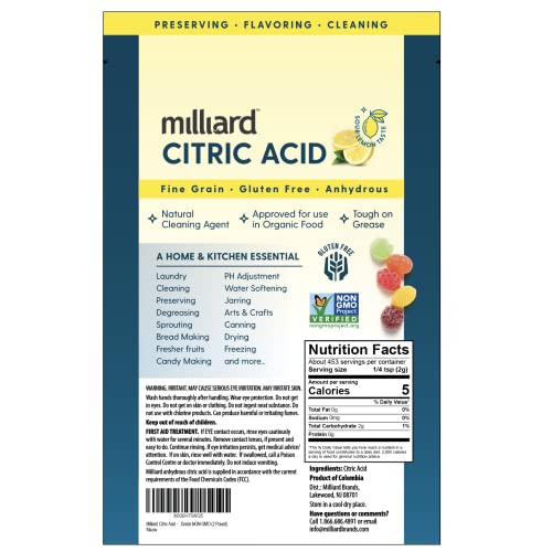 Milliard Citric Acid 2 Pound - 100% Pure Food Grade Non-Gmo Proj