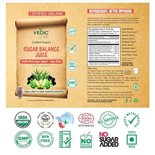 Vedic Organic Sugar Balance Juice 1000 ml 33.8 Fl Oz Free Mir...