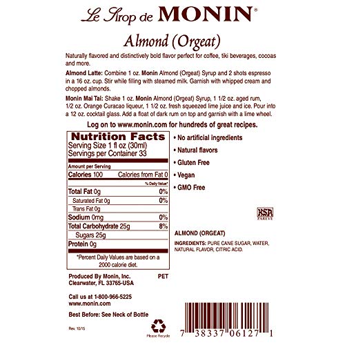 Monin - Almond Syrup, Sweet And Rich Nutty Aroma, Natural Flavor