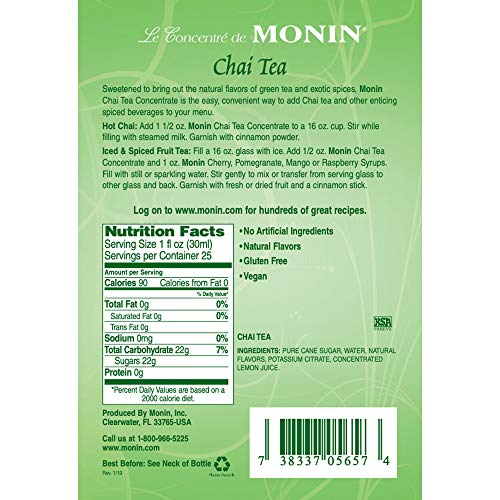 Monin - Chai Tea Concentrate, Spiced Green Tea Flavor, Natural F