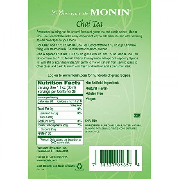 Monin - Chai Tea Concentrate, Spiced Green Tea Flavor, Natural F...