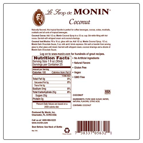 Monin - Coconut Syrup, Sweet And Rich, Great For Cocktails And S