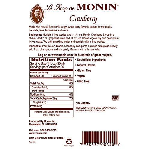 Monin - Cranberry Syrup, Tangy And Sweet Berry Flavor, Natural F