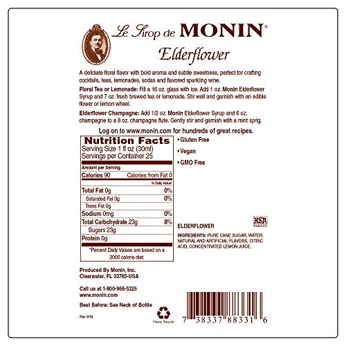 Monin - Elderflower Syrup, Delicate Scent With Floral Sweetness,