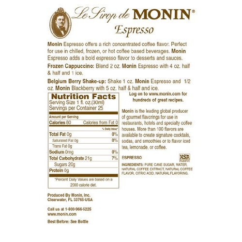 Monin Flavored Syrup, Espresso, 33.8-Ounce Plastic Bottles Pack
