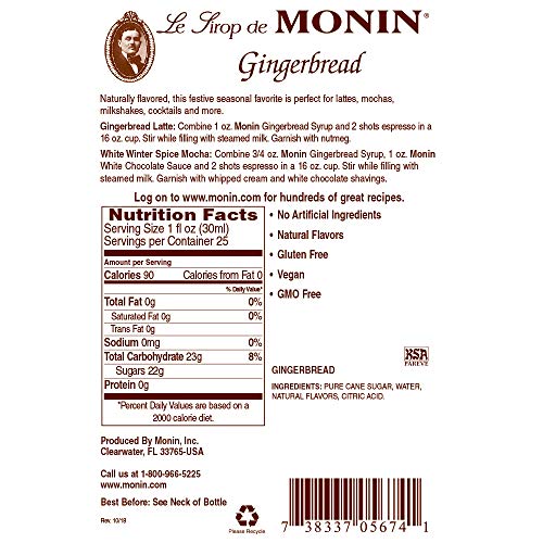 Monin - Gingerbread Syrup, Hint Of Nutmeg And Cinnamon, Natural