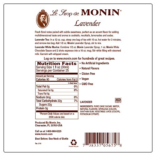 Monin - Lavender Syrup, Aromatic And Floral, Natural Flavors, Gr
