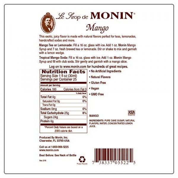 Monin - Mango Syrup, Tropical and Sweet, Great for Cocktails, So...