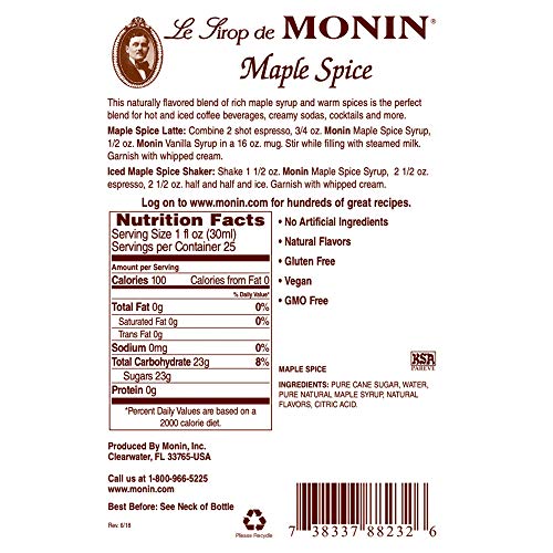 Monin - Maple Spice Syrup, Hints Of Gingerbread And Cinnamon, Na