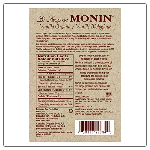 Monin - Organic Vanilla Syrup, Naturally Smooth Sweetness, Great Monin - Organic Vanilla Syrup, Naturally Smooth Sweetness, Great