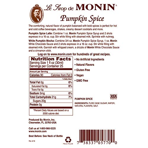 Monin - Pumpkin Spice Syrup, Hints Of Nutmeg And Cinnamon, Natur