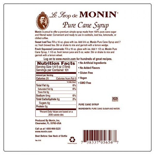 Monin - Pure Cane Syrup, Pure and Sweet, Great for Coffee, Tea, ...