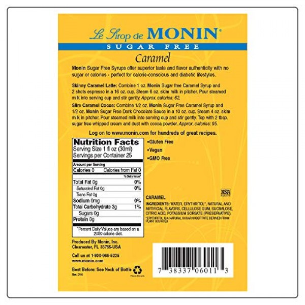 Monin - Sugar Free Caramel Syrup, Mild And Sweet, Great For Coff