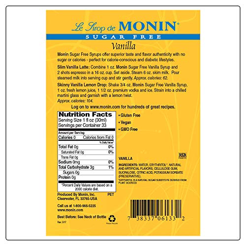 Monin - Sugar Free Vanilla Syrup, Bold Vanilla Bean Flavor, Grea