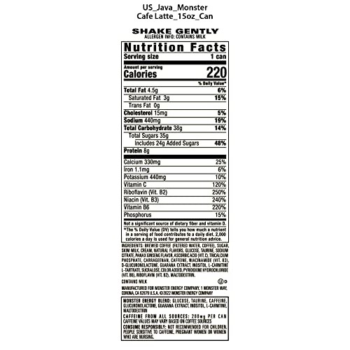 Java Monster Café Latte, Coffee + Energy Drink, 15 Ounce Pack o...