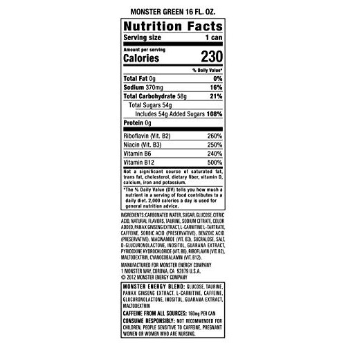 Monster Energy Drink, Green, Original, 16 Ounce Pack Of 12