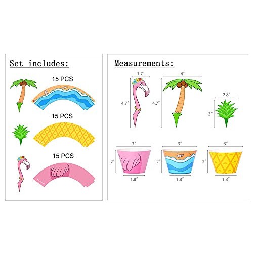 45 Pcs Flamingo/Pineapple/Palm Cupcake Toppers Wrappers - Luau T