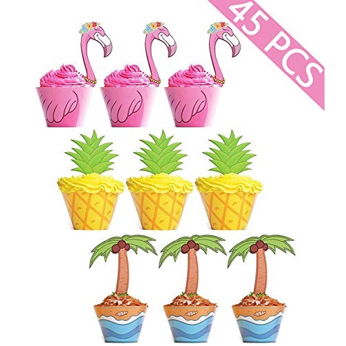 45 Pcs Flamingo/Pineapple/Palm Cupcake Toppers Wrappers - Luau T