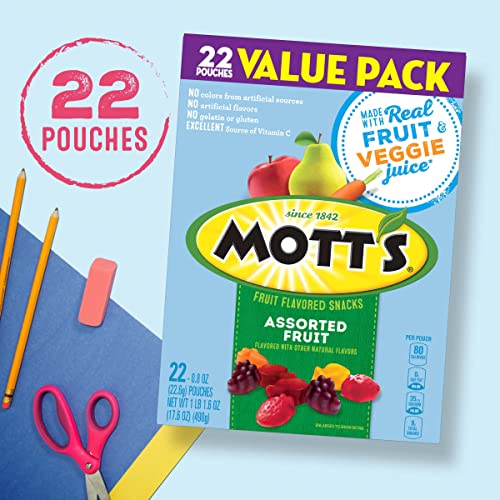Motts Fruit Flavored Snacks, Assorted Fruit, Pouches, 0.8 Oz, 2
