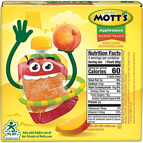 Motts Mango Peach Applesauce, 3.2 Ounce Clear Pouch, 4 Count P