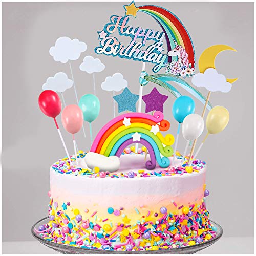 Movinpe 21Pcs Unicorn Cake Topper Kit Cloud Rainbow Balloon Happ