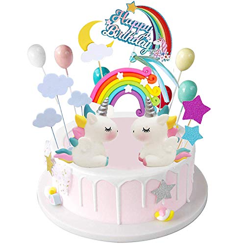 Movinpe 21Pcs Unicorn Cake Topper Kit Cloud Rainbow Balloon Happ