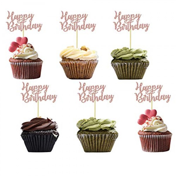 Rose Gold Happy Birthday Cupcake Topper Picks for Celebrating Bi...