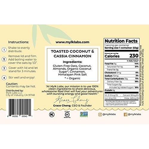 Mylk Labs Gluten Free Instant Oatmeal Cup, Toasted Coconut &Amp; Cas