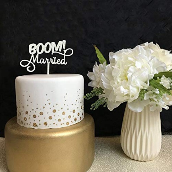 Boom! Married Wedding Cake Topper, Silver Glitter Funny Cake Top