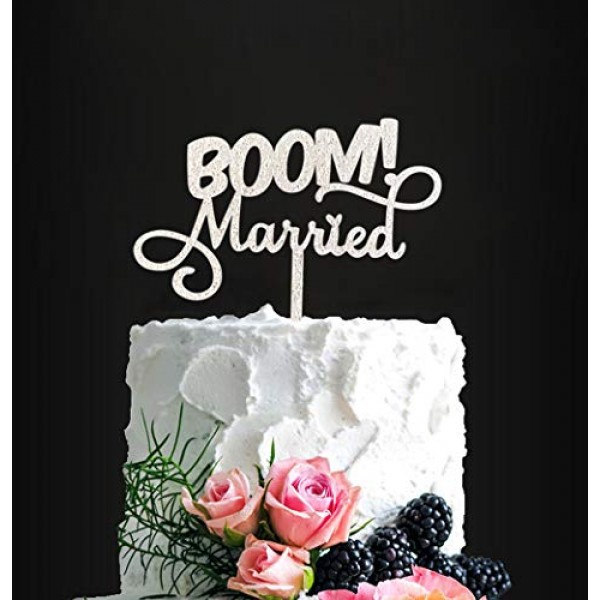 Boom! Married Wedding Cake Topper, Silver Glitter Funny Cake Top