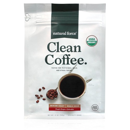 Natural Force Organic Mold Free Coffee, High CGA Coffee, Mycotoxin Free, Low Acidity, Incredible Taste & Aroma, Whole Bean Medium Roast, 12 oz