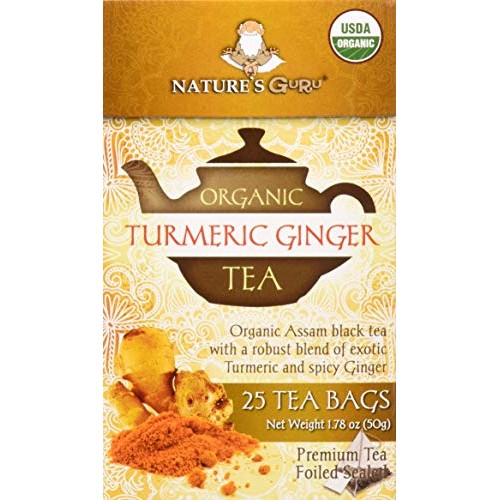 Natures Guru Organic Whole Leaf Black Tea Turmeric Ginger 25 Co...