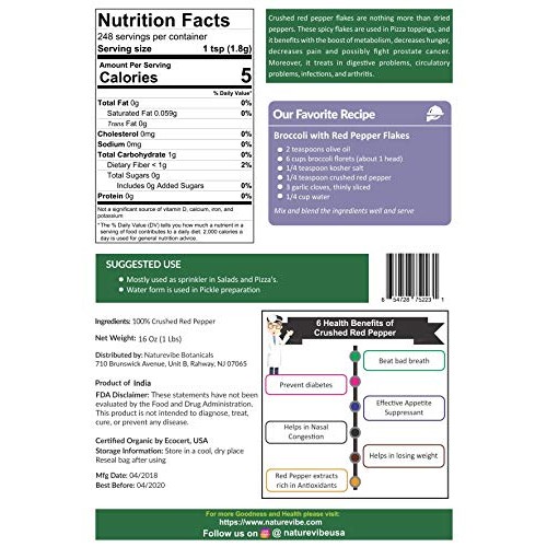 Naturevibe Botanicals Organic Crushed Red Pepper, 1Lbs - Non Gmo