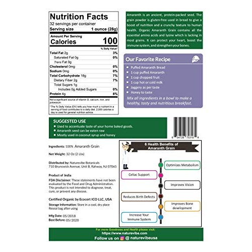 Organic Amaranth Grains 2Lb By Naturevibe Botanicals, Gluten-F