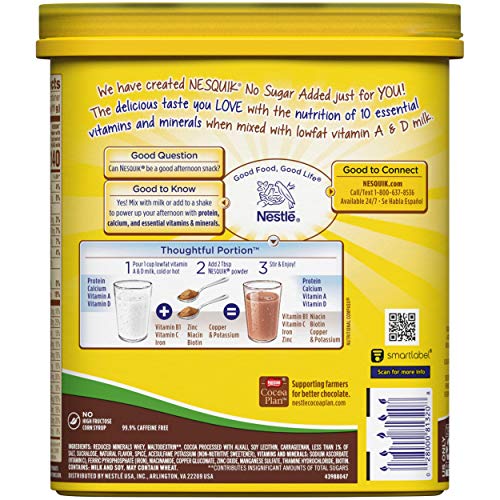 Nesquik No Sugar Added Chocolate Cocoa Powder, 16 Oz. Tub | Choc