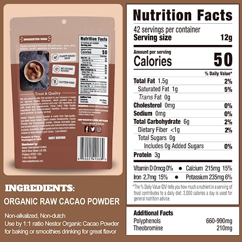 Premium Organic Cacao Powder 17.8 oz, Nestor 100% Pure Non-dutch...