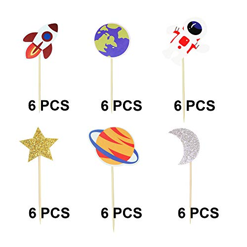 Newqueen 36 Pack Space Astronaut Cupcake Toppers Rocket Planet T