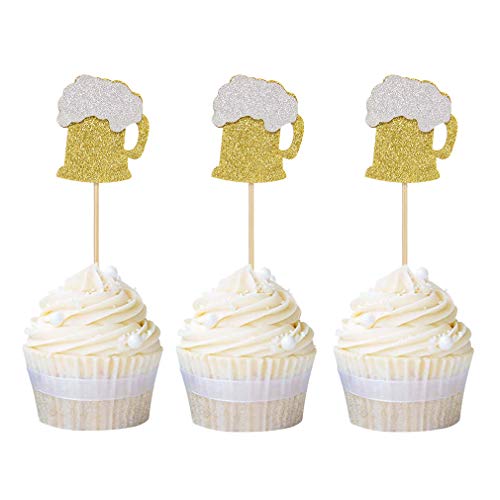 Newqueen 24 Pack Beer Mug Cupcake Toppers Gold Glitter Cupcake P