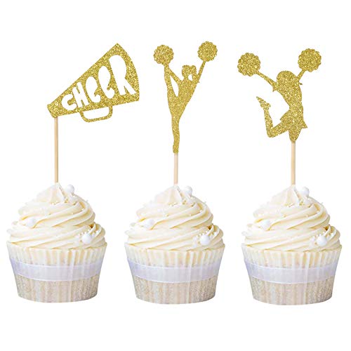 Newqueen 24 Pack Cheerleader Cupcake Toppers Gold Glitter Cheerl