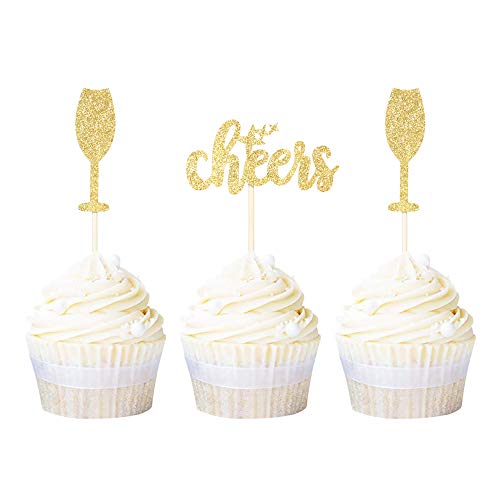 Newqueen 24 Pack Cheers Cupcake Toppers Gold Glitter Champagne G