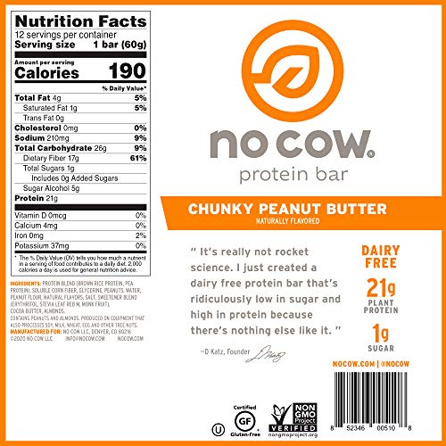 No Cow Protein Bar, Chunky Peanut Butter, 21G Plant Based Protei