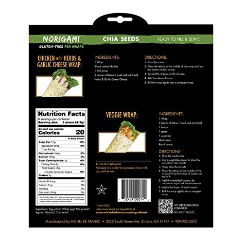 Norigami Non-Gmo Gluten-Free Pea Wraps Chia Seeds 6 Wraps, Low