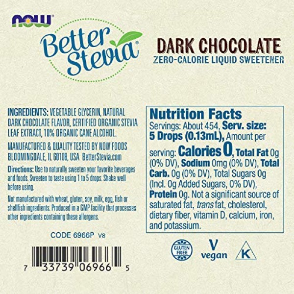 NOW Foods, Better Stevia Liquid, Dark Chocolate, Zero-Calorie Li...