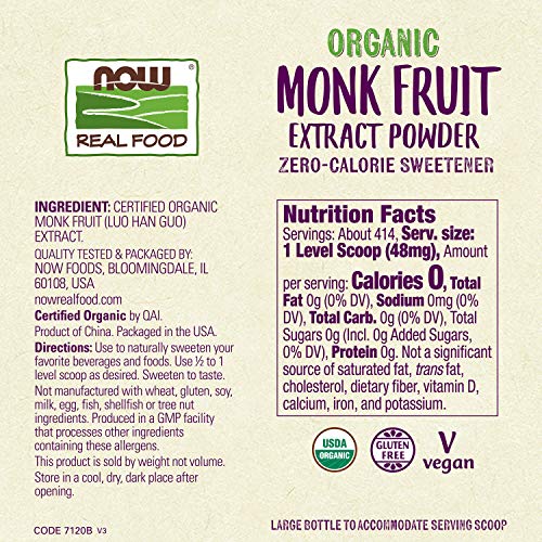 Now Foods, Certified Organic Monk Fruit Extract Powder, Zero Cal