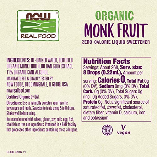 Now Foods, Certified Organic Monk Fruit Liquid, Zero-Calorie Liq