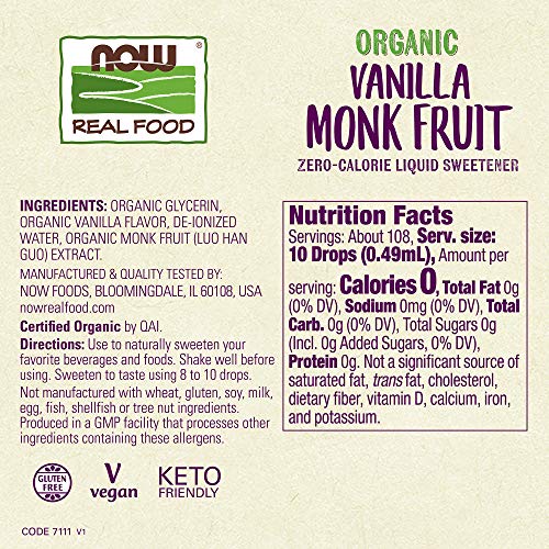 Now Foods Organic Liquid Monk Fruit, Vanilla, 1.8 Fl.Oz