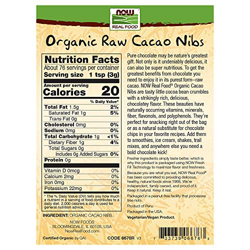 Now Natural Foods, Organic Raw Cacao Nibs, Rich, Pure Cacao Bean