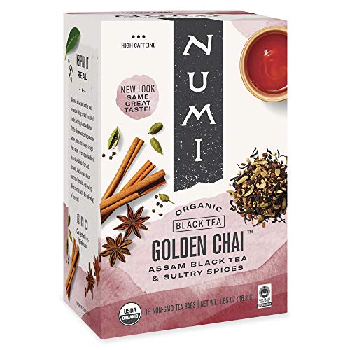 Numi Organic Tea Golden Chai, 18 Count Box Of Tea Bags, Black Te