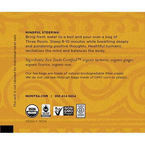 Numi Organic Tea Turmeric Tea, Three Roots,12 BagS,1.42 OZ40.2G