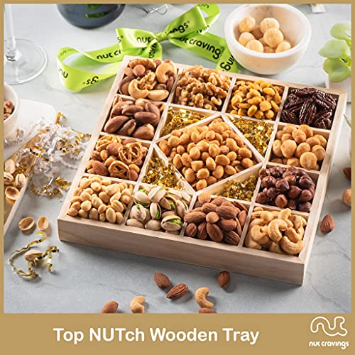 Gourmet Nut Gift Basket In Wooden Tray + Green Ribbon 13 Piece